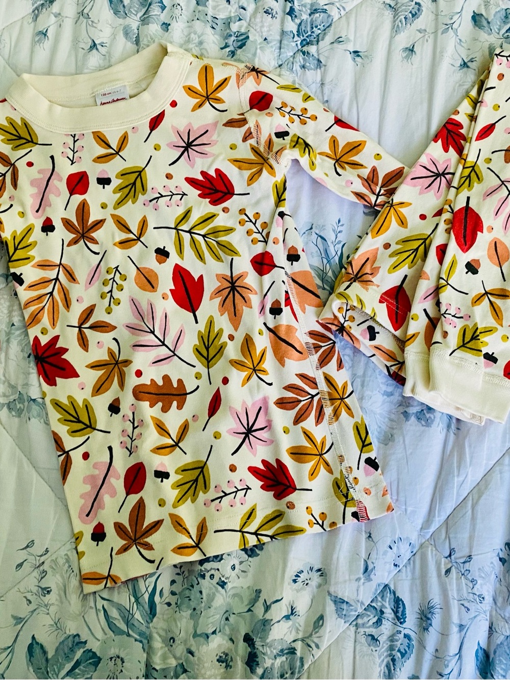 Hanna Andersson White Long-Sleeve Tee with Multicolor Leaf Print Pajama Set 6-7